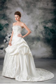 Satin Strapless A Line Gown with Embroidery