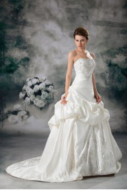 Satin Strapless A Line Gown with Embroidery