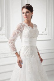 Organza V Neckline A Line Gown with Three-quarter Sleeves