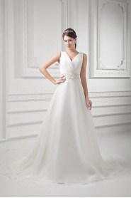 Organza V Neckline A Line Gown with Embroidery