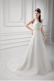 Organza V Neckline A Line Gown with Embroidery