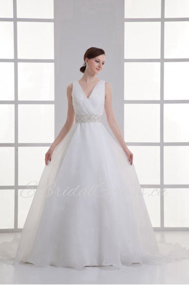 Organza V Neckline A Line Gown with Sash