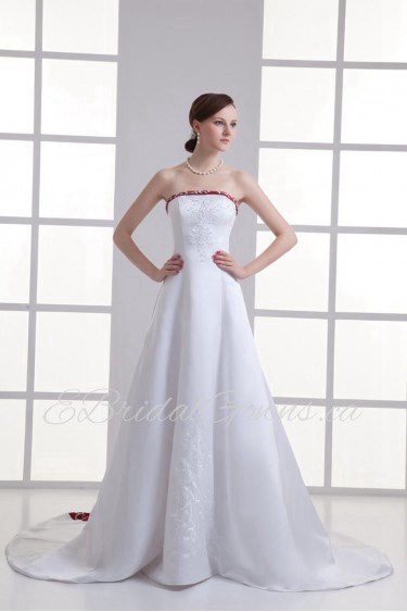 Satin Strapless A Line Gown with Embroidery