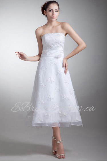 Organza and Satin Strapless Tea-Length Gown