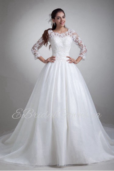 Organza Scoop A Line Gown with Three-quarter Sleeves