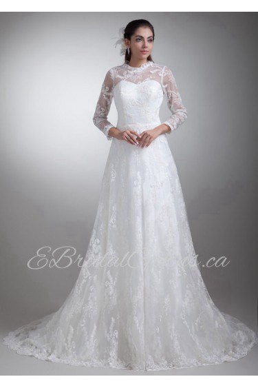 Satin and Lace A Line Gown with Three-quarter Sleeves