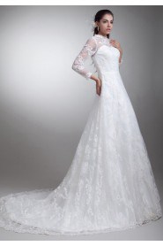 Satin and Lace A Line Gown with Three-quarter Sleeves