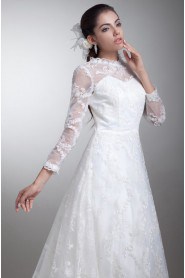 Satin and Lace A Line Gown with Three-quarter Sleeves