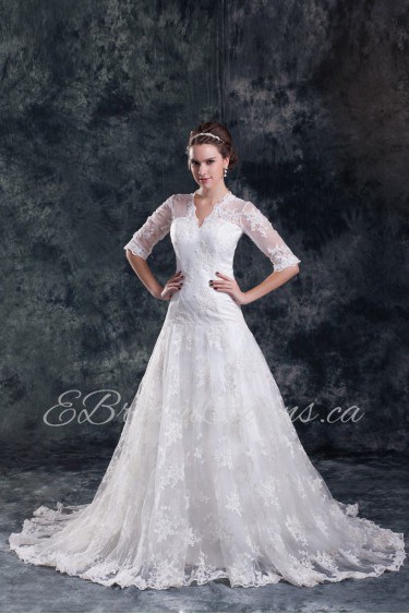 Lace V-Neck A Line Half-Sleeves Gown