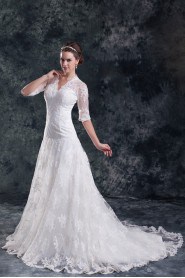 Lace V-Neck A Line Half-Sleeves Gown