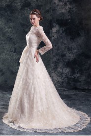 Lace Jewel A Line Gown with Three-quarter Sleeves