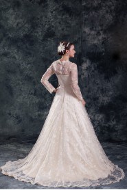 Lace Jewel A Line Gown with Three-quarter Sleeves