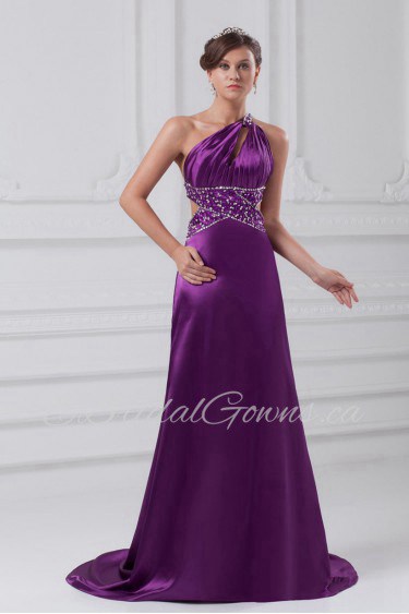 Satin Asymmetrical A Line Gown with Embroidery