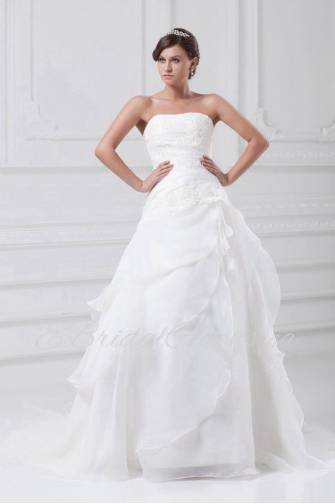 Organza Strapless A Line Gown with Embroidery