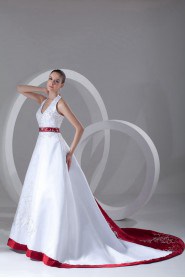 Satin Halter A Line Gown with Embroidery