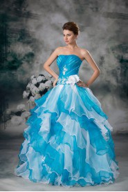 Organza Strapless A Line Gown with Embroidery