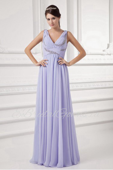 Chiffon V Neckline Column Gown with Embroidery