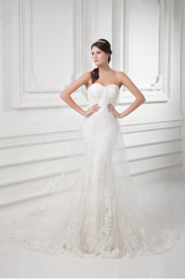 Satin and Net Sweetheart Sheath Gown with Embroidery