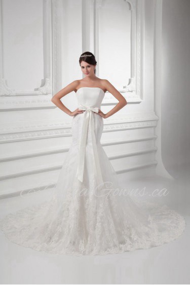 Satin and Net Strapless Sheath Gown with Sash