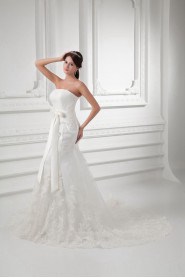 Satin and Net Strapless Sheath Gown with Sash