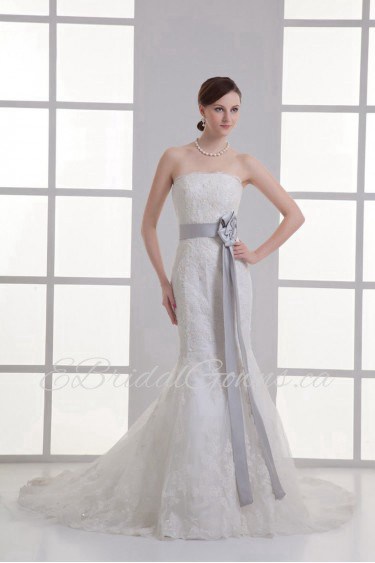 Satin and Net Strapless Sheath Gown with Sash