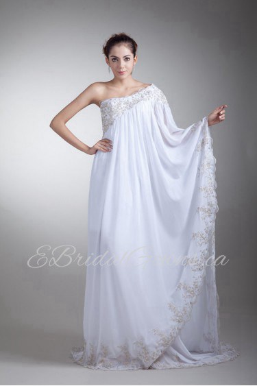 Chiffon Asymmetrical Column Gown with Embroidery