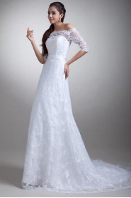 Lace Off-the-Shoulder Column Gown with Half-Sleeves