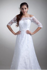 Lace Off-the-Shoulder Column Gown with Half-Sleeves