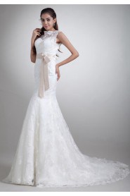 Satin and Lace Sheath Gown with Sash