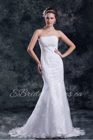 Satin and Net Strapless Sheath Gown with Embroidery