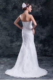 Satin and Net Strapless Sheath Gown with Embroidery