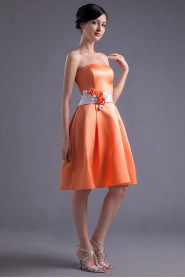 Satin Strapless Knee Length Dress with Sash