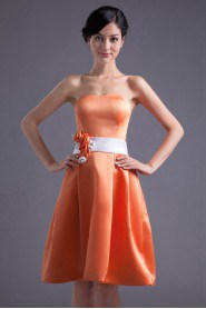 Satin Strapless Knee Length Dress with Sash