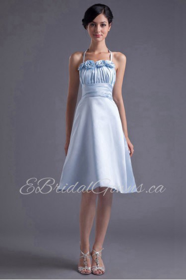 Satin Halter Knee Length Dress with Hand-made Flowers