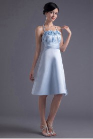 Satin Halter Knee Length Dress with Hand-made Flowers