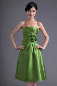 Satin Sweetheart Knee Length Dress with Hand-made Flowers