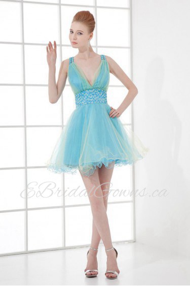 Organza V Neckline Short Dress with Sequins