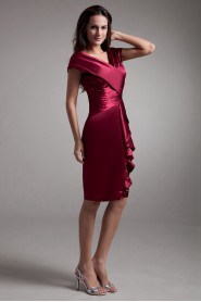 Satin V-Neck Knee Length Sheath Cap Sleeves Dress