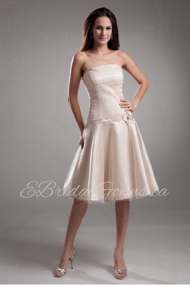 Net Strapless Knee Length Dress with Hand-made Flowers