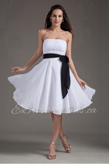 Chiffon Strapless Column White Knee Length Dress with Sash