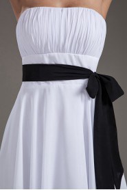 Chiffon Strapless Column White Knee Length Dress with Sash