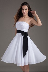 Chiffon Strapless Column White Knee Length Dress with Sash