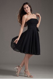 Chiffon Strapless Black Knee Length Dress with Sash