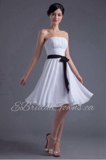 Chiffon Strapless Knee Length Dress with Sash