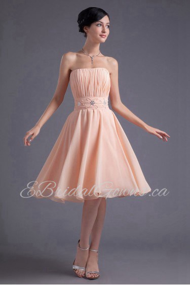 Chiffon Strapless Knee Length Dress with Embroidery