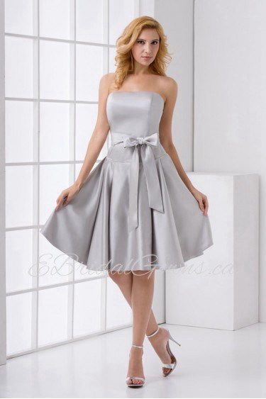 Satin Strapless Sheath Knee Lnegth Dress with Sash