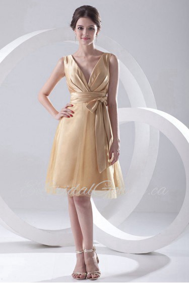 Satin and Net V Neckline A Line Short Dress with Sash