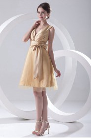 Satin and Net V Neckline A Line Short Dress with Sash