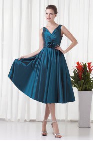 Taffeta V Neckline Tea-Length Dress with Hand-made Flower