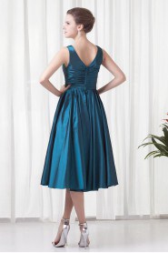 Taffeta V Neckline Tea-Length Dress with Hand-made Flower